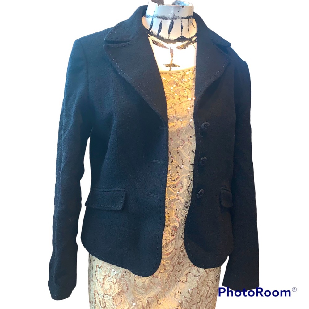 Black womens ladies blazer button 12 m l Tahari wool silk pockets collared work